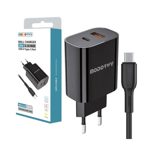 Carregador de Parede PD Modorwy MA1114 USB+Tipo-C com Micro Cabo 5V 3,1A Preto